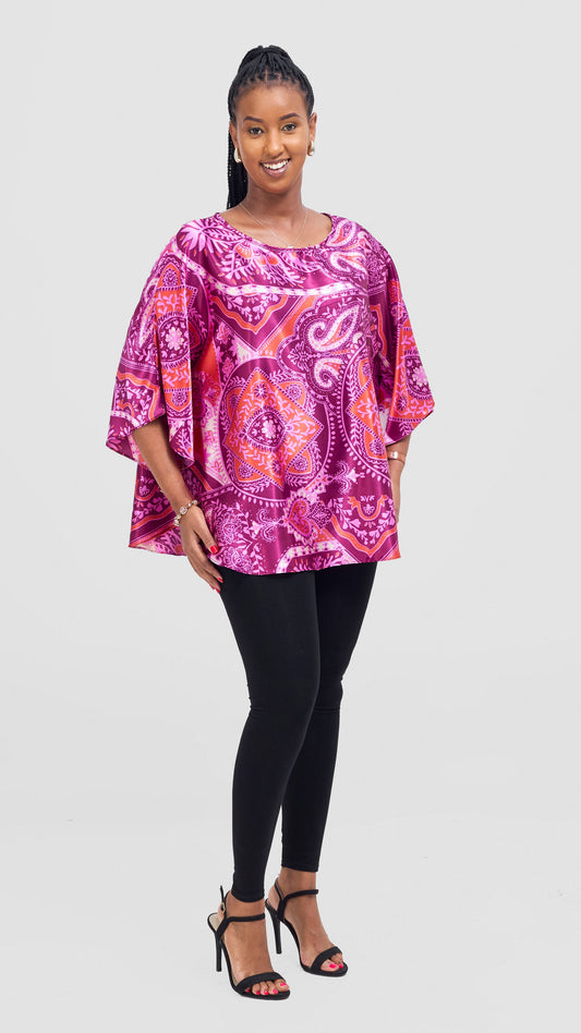Vivo Keza  Circular Loose Top - Burgundy / Pink Zade Print