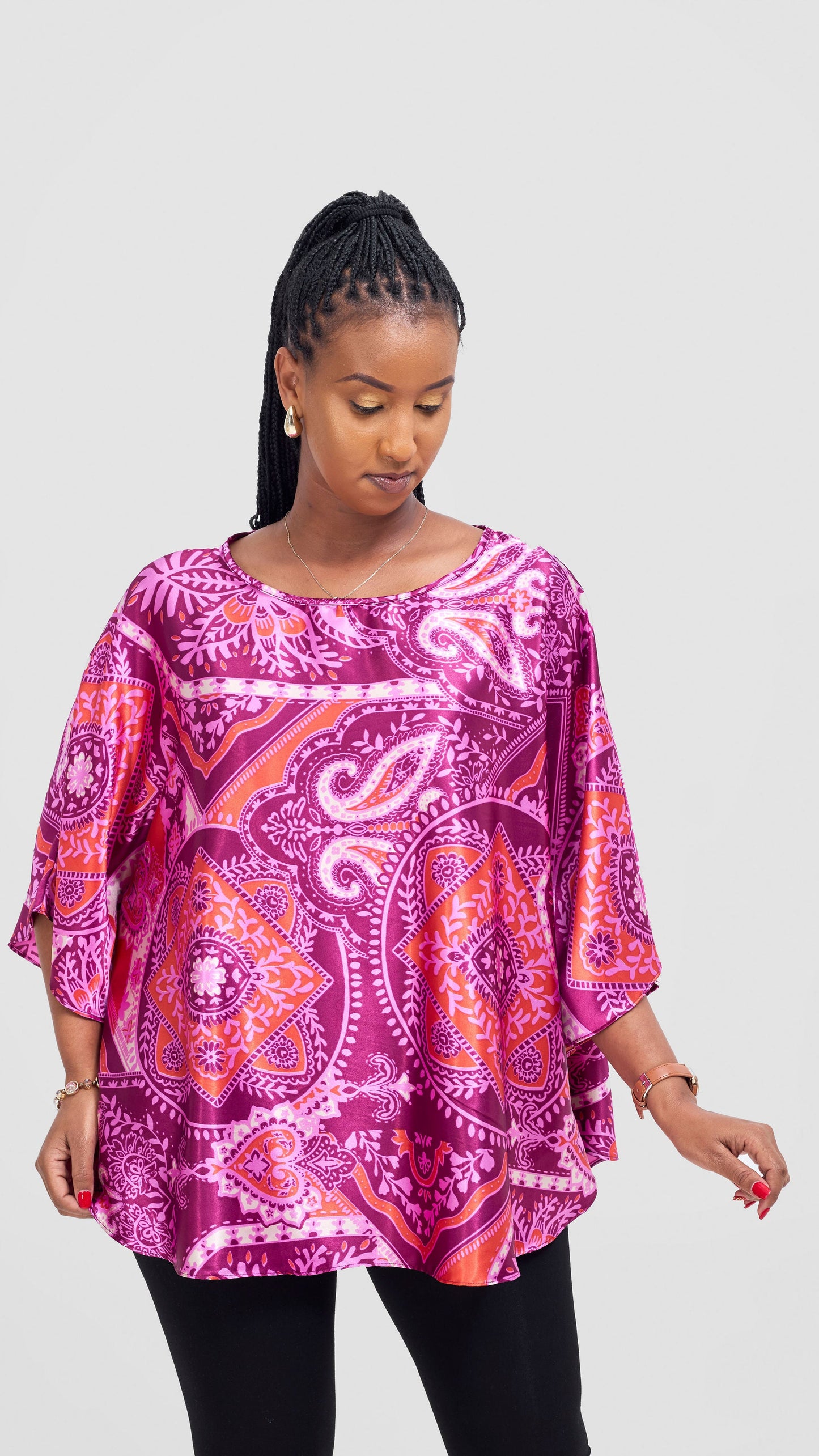 Vivo Keza  Circular Loose Top - Burgundy / Pink Zade Print