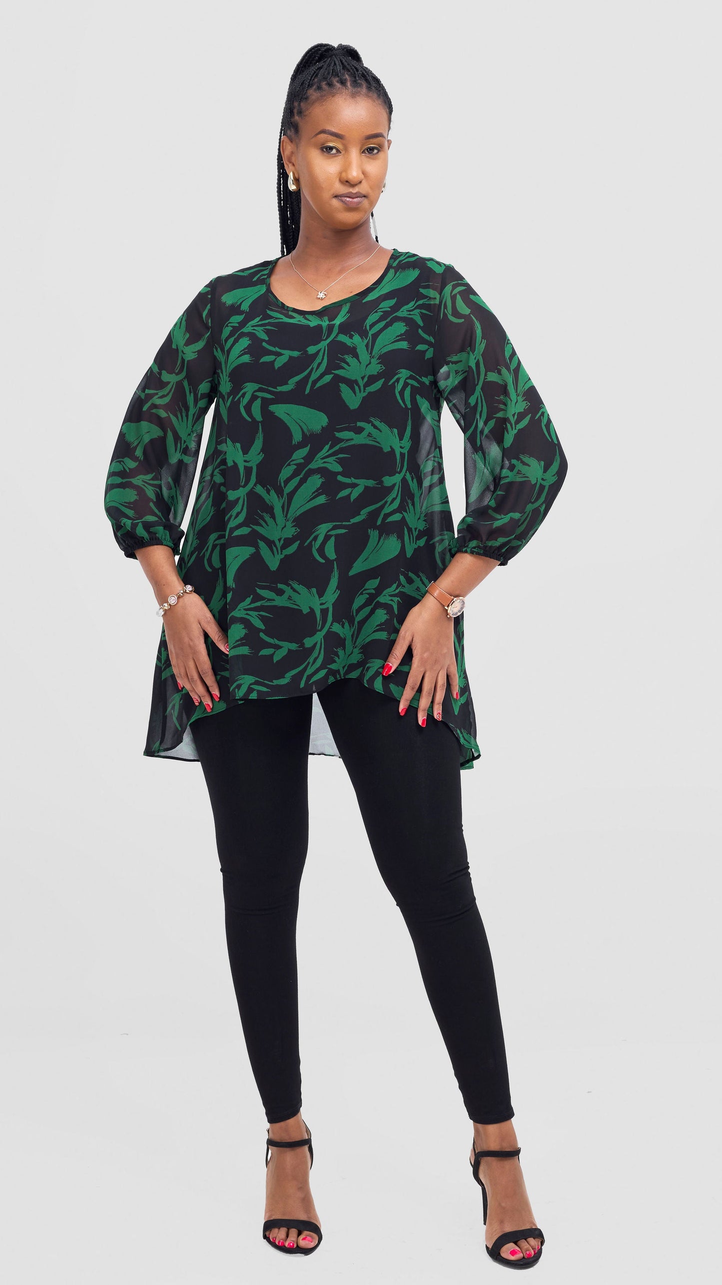 Vivo Samira High Low Top - Black / Green Siari Print