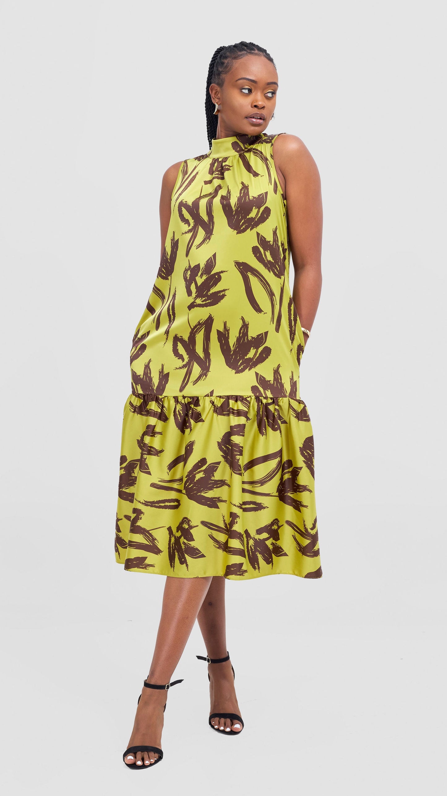 Vivo Takali Frilled Midi Dress - Rust / Black Ela Print