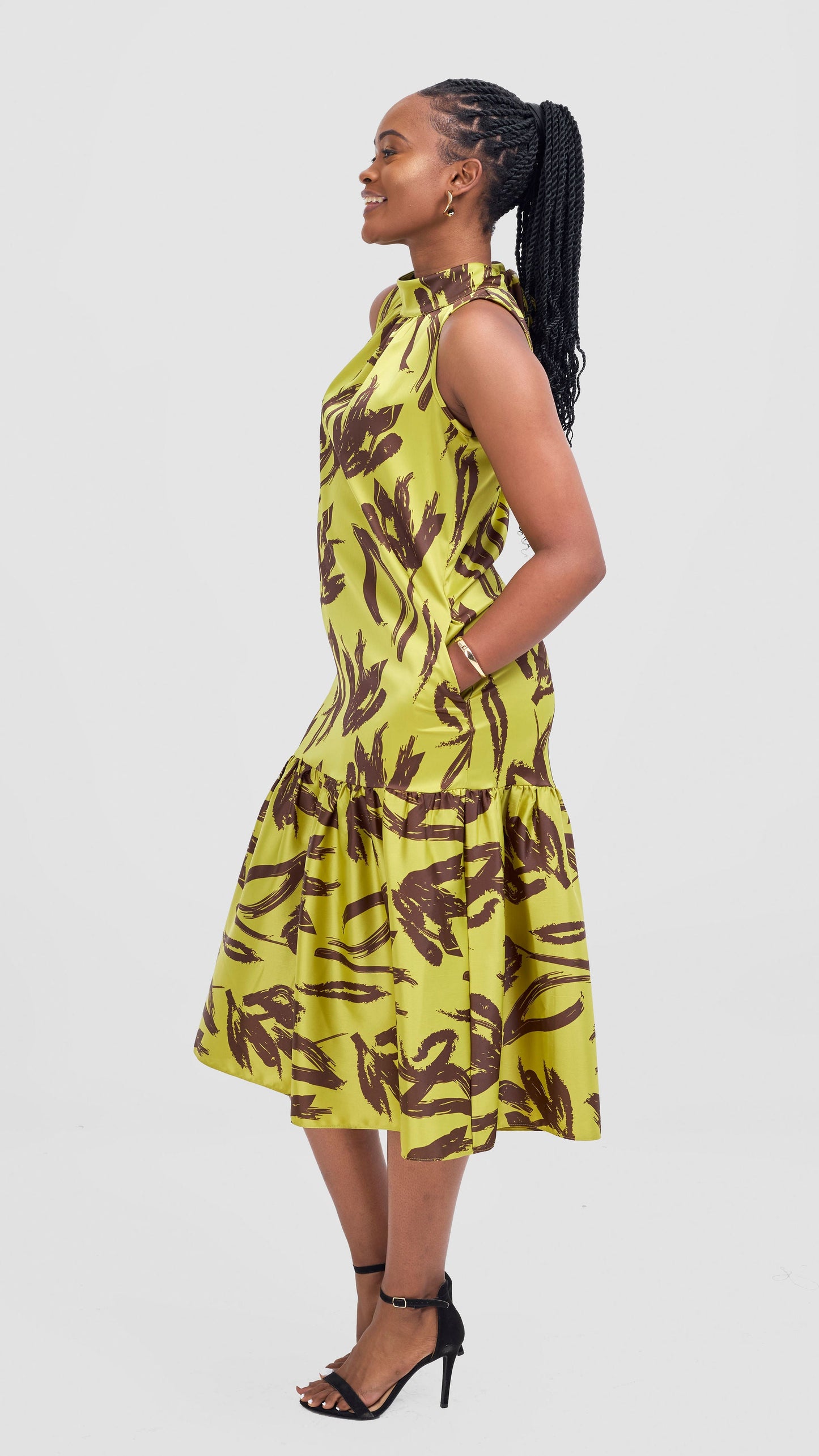 Vivo Takali Frilled Midi Dress - Rust / Black Ela Print