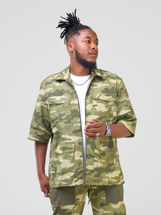 Zoya Temo Mens Zipped  Overshirt - Green Camo