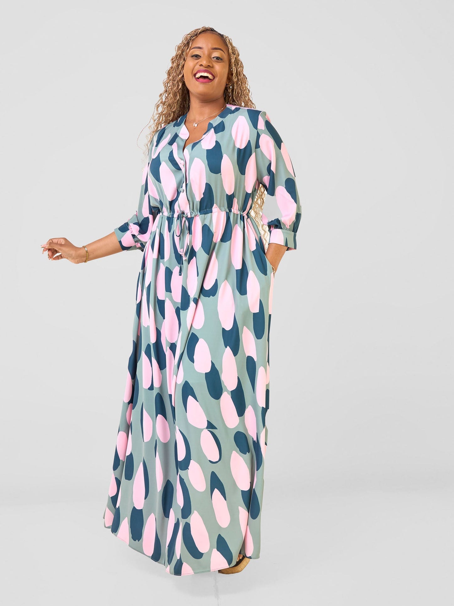 Vivo Hadiya Gathered Maxi Dress - Olive / Teal Diya Print