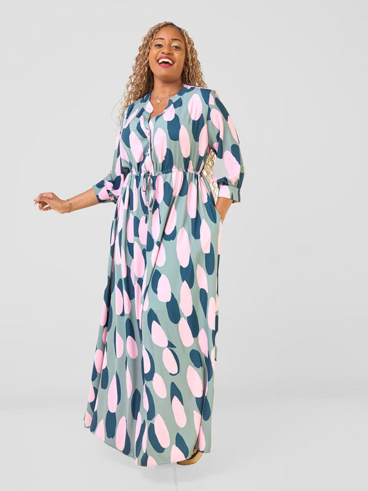 Vivo Hadiya Gathered Maxi Dress - Olive / Teal Diya Print
