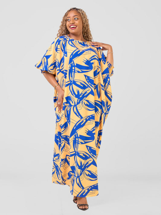 Vivo Wastani Boat Neck Shirred Sleeve Kaftan - Mustard / Blue Abstract Print