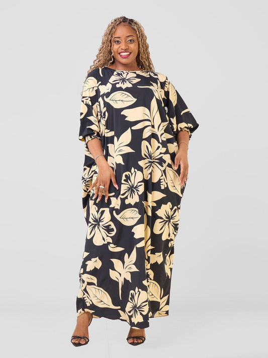 Vivo Wastani Boat Neck Shirred Sleeve Kaftan - Beige / Black Fila Print