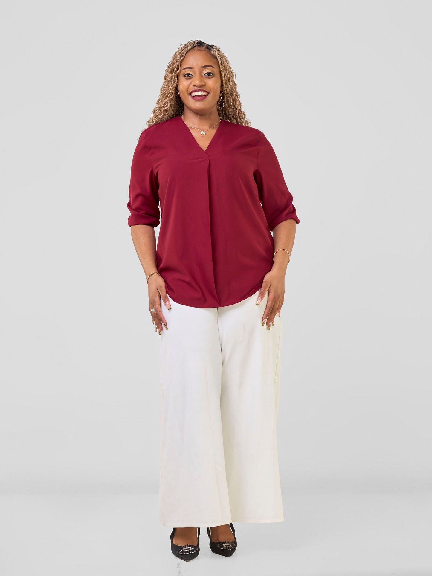 Vivo Dua 3/4 Sleeved V Neck Shirt - Maroon