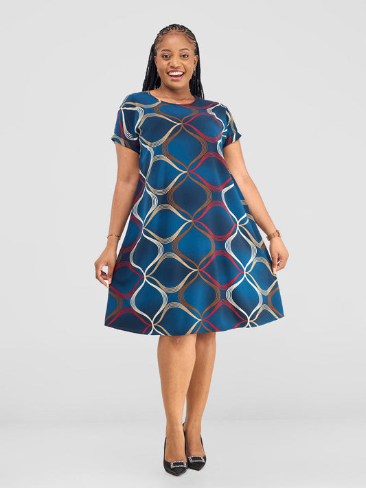 Vivo Pesi Drop Shoulder Tent Dress - Teal Abstract Print