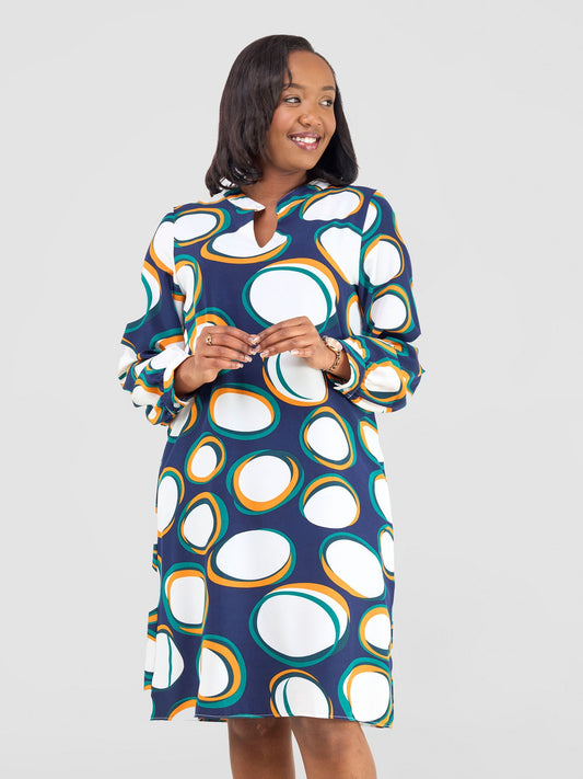 Vivo Zena Long Sleeve Mandarin Collar Shift Dress - White / Teal Polka Print