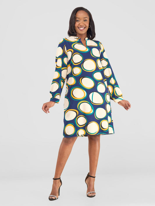Vivo Zena Long Sleeve Mandarin Collar Shift Dress - Cream / Teal Polka Print
