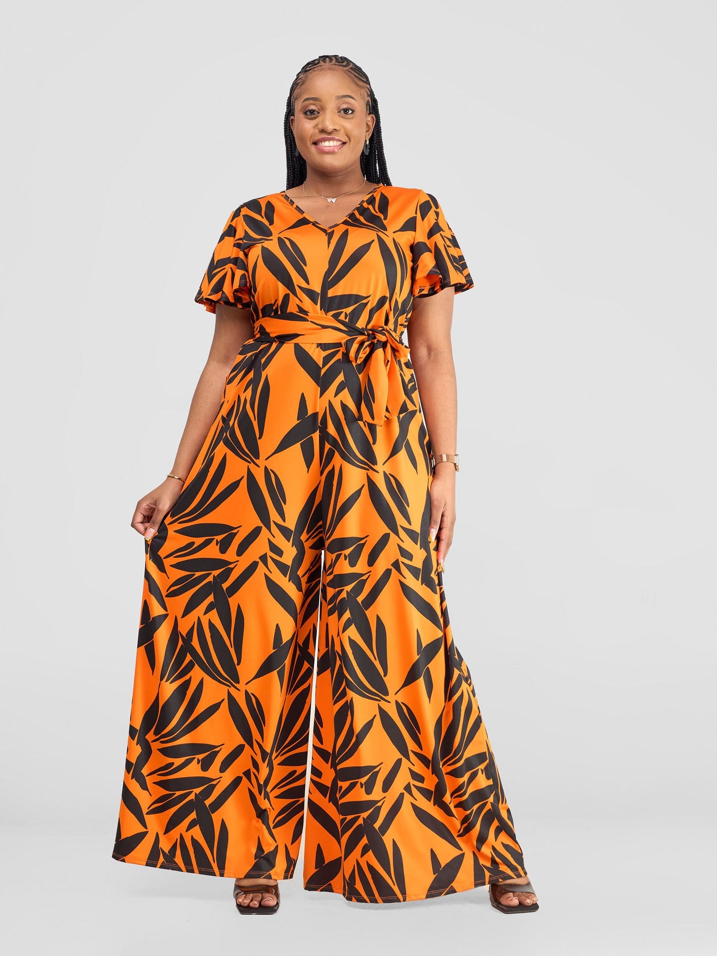 Vivo Ruwa Flounce Sleeve Jumpsuit - Orange / Black Twi Print