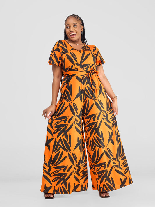 Vivo Ruwa Flounce Sleeve Jumpsuit - Orange / Black Twi Print