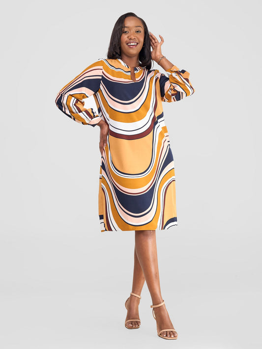 Vivo Zena Long Sleeve Mandarin Collar Shift Dress - White / Rust Spiral Print
