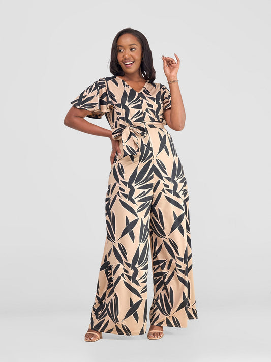 Vivo Ruwa Flounce Sleeve Jumpsuit - Taupe / Black Tawi Print