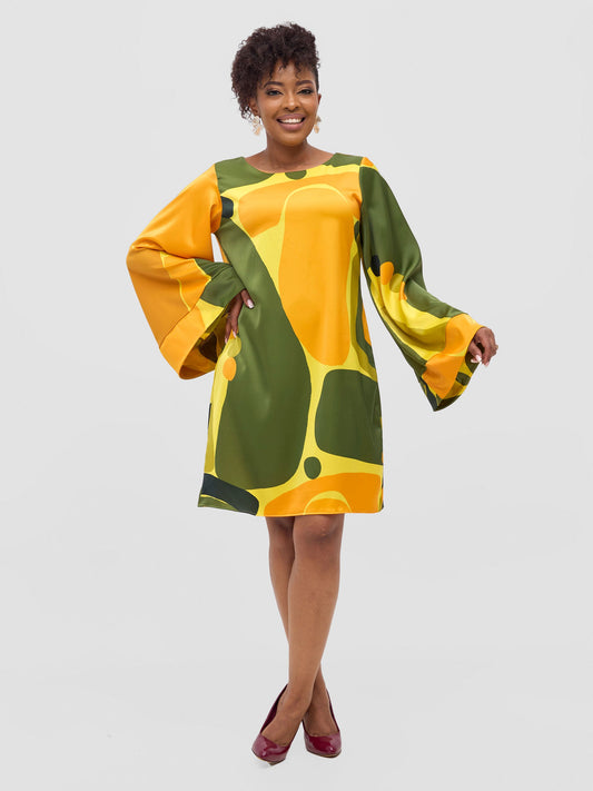 Vivo Kelemi Above Knee Dress - Yellow / Green Waso Print