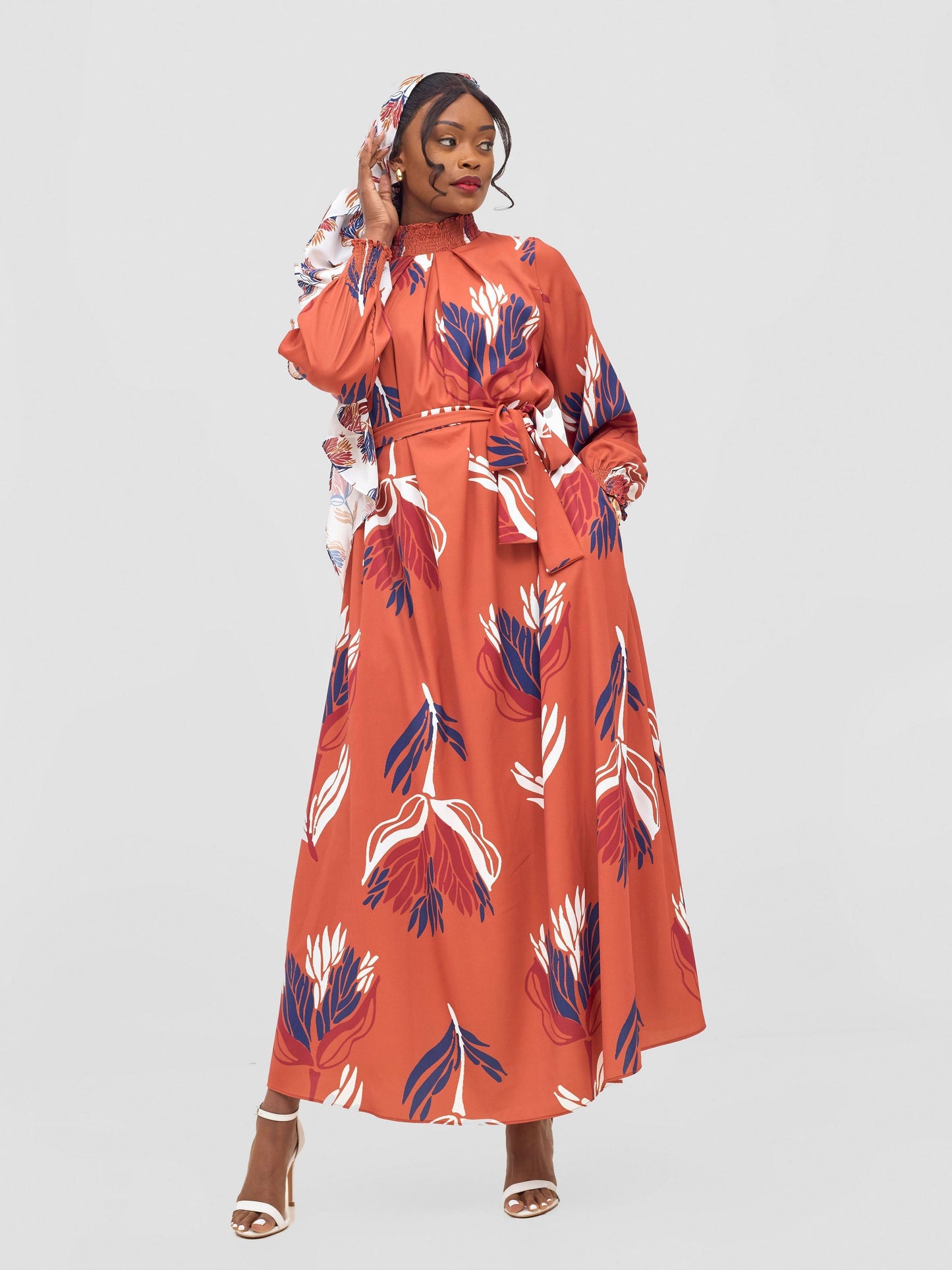 Vivo Ayah Shirred Neck Tent Maxi Dress - Rust / Navy Yana Print