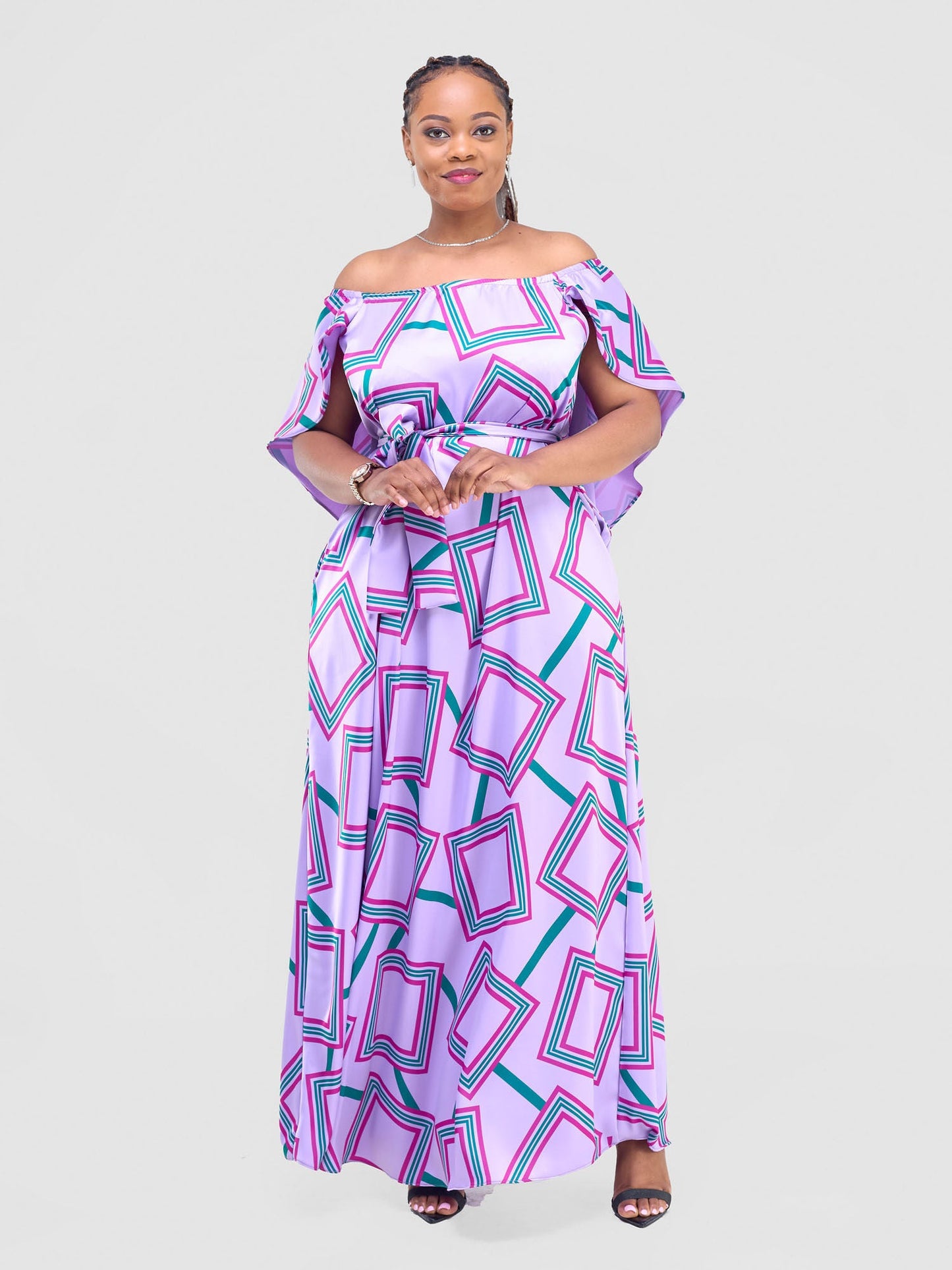 Vivo Amai Off-Shoulder Maxi Dress - Lilac / Green Biya Print