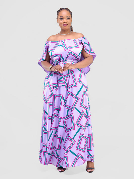 Vivo Amai Off-Shoulder Maxi Dress - Lilac / Green Biya Print