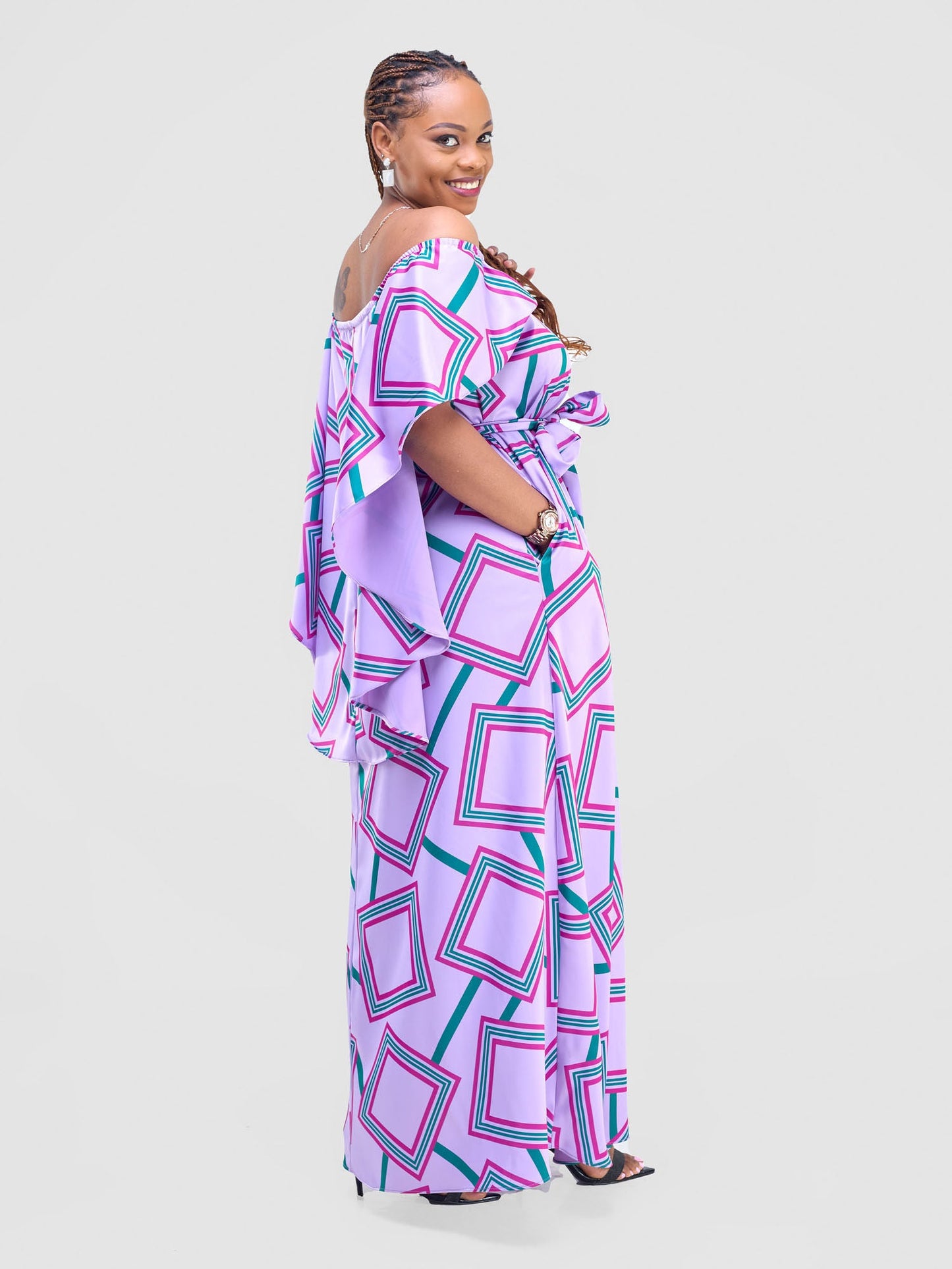 Vivo Amai Off-Shoulder Maxi Dress - Lilac / Green Biya Print