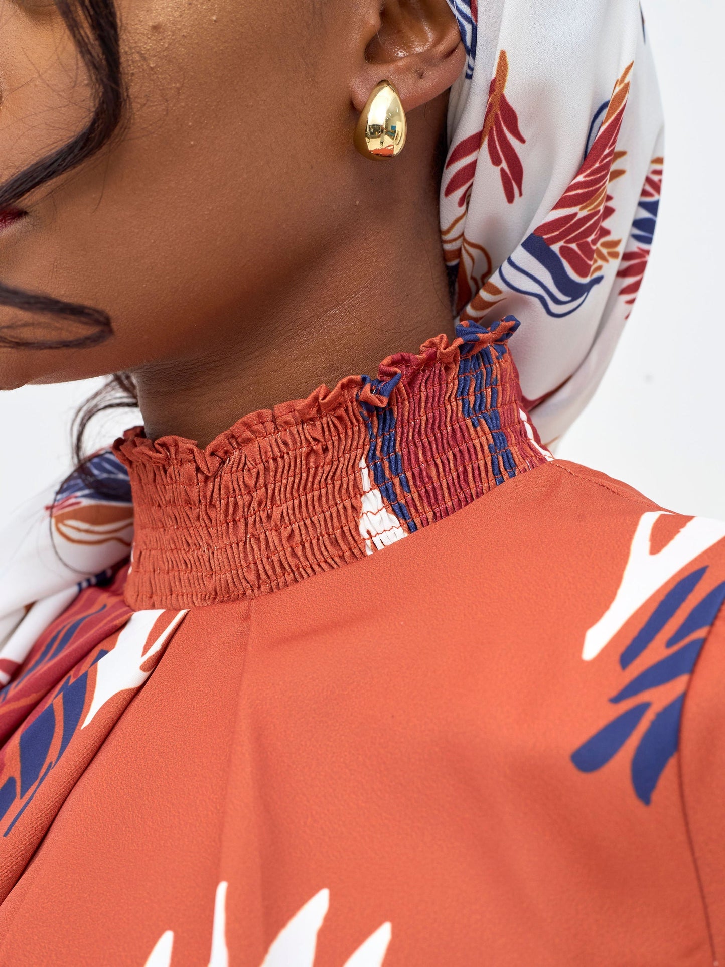 Vivo Ayah Shirred Neck Tent Maxi Dress - Rust / Navy Yana Print
