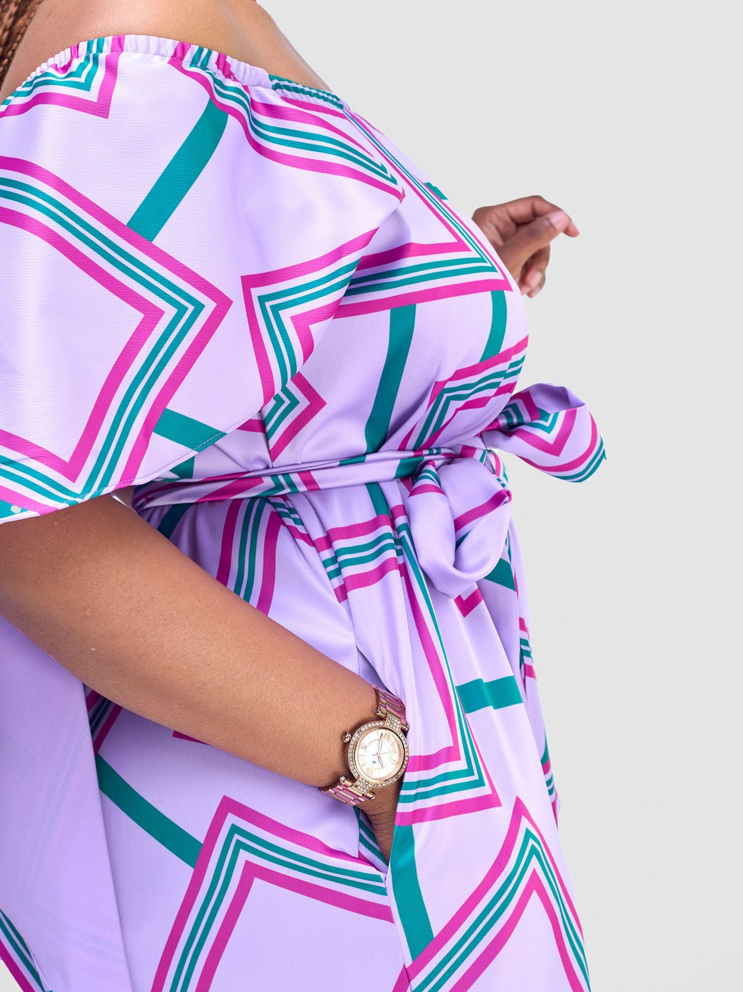 Vivo Amai Off-Shoulder Maxi Dress - Lilac / Green Biya Print