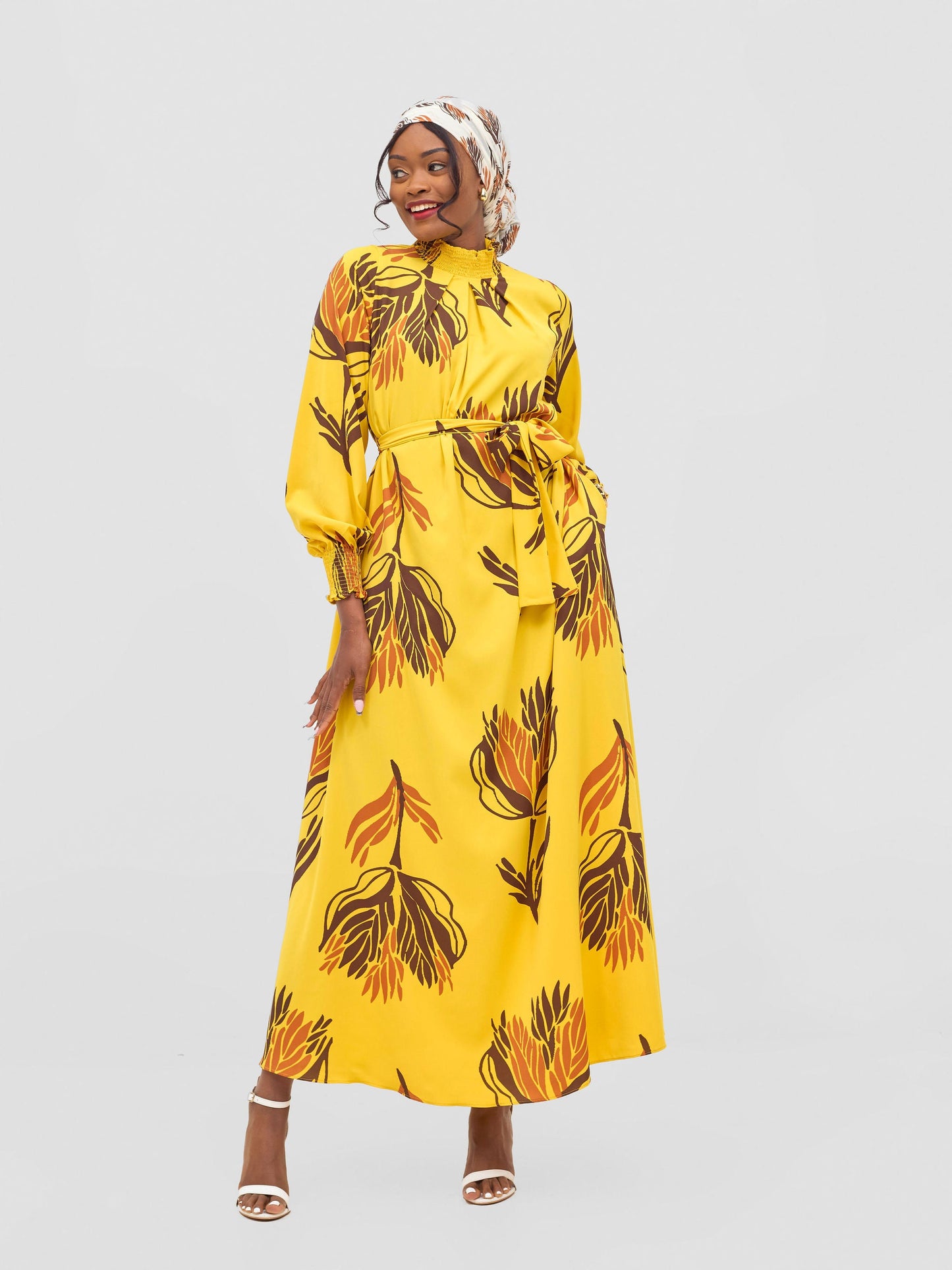 Vivo Ayah Shirred Neck Tent Maxi Dress - Yellow / Chocolate Yana Print