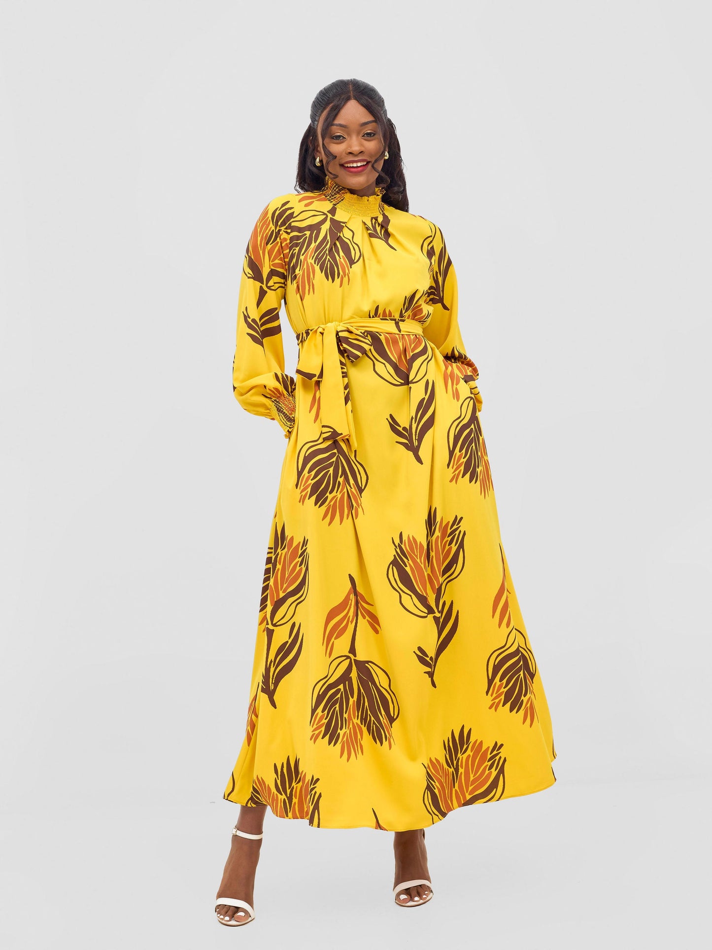 Vivo Ayah Shirred Neck Tent Maxi Dress - Yellow / Chocolate Yana Print