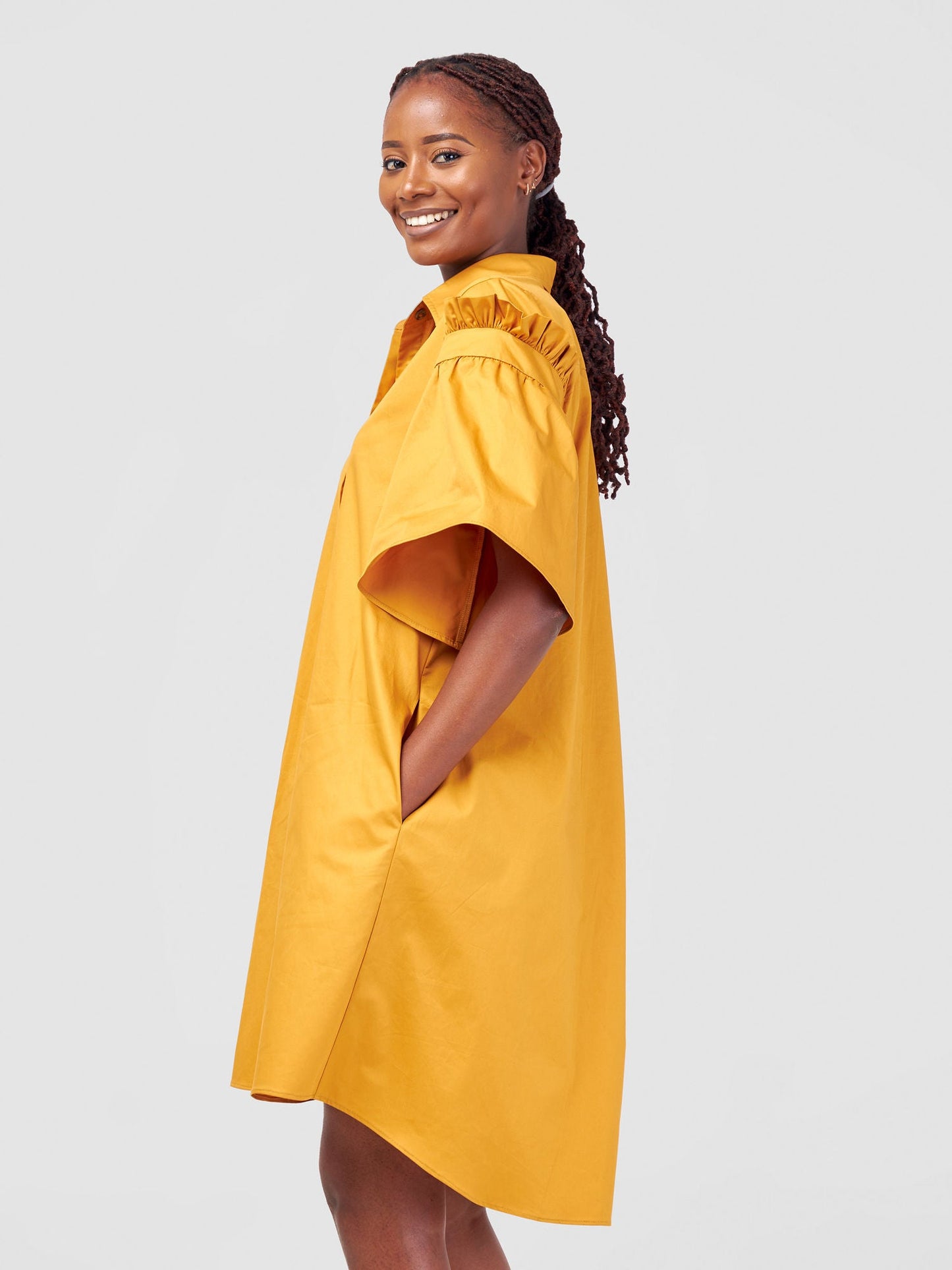 Safari Mali Gathered Flounce Sleeve Shirt Dress - Mustard