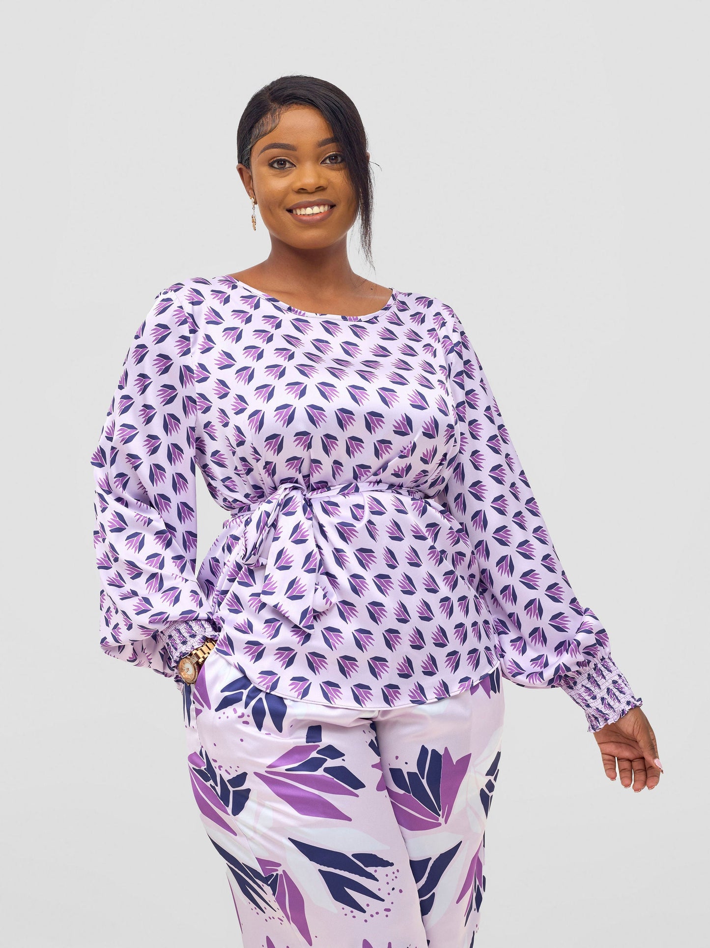 Vivo Ayah Shirred Cuff Loose Top - Lilac / Navy Ullu Print