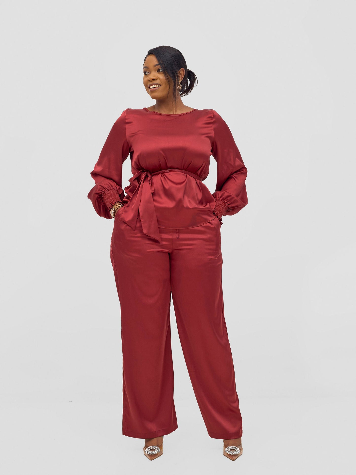 Vivo Ayah Shirred Cuff Loose Top - Dark Red