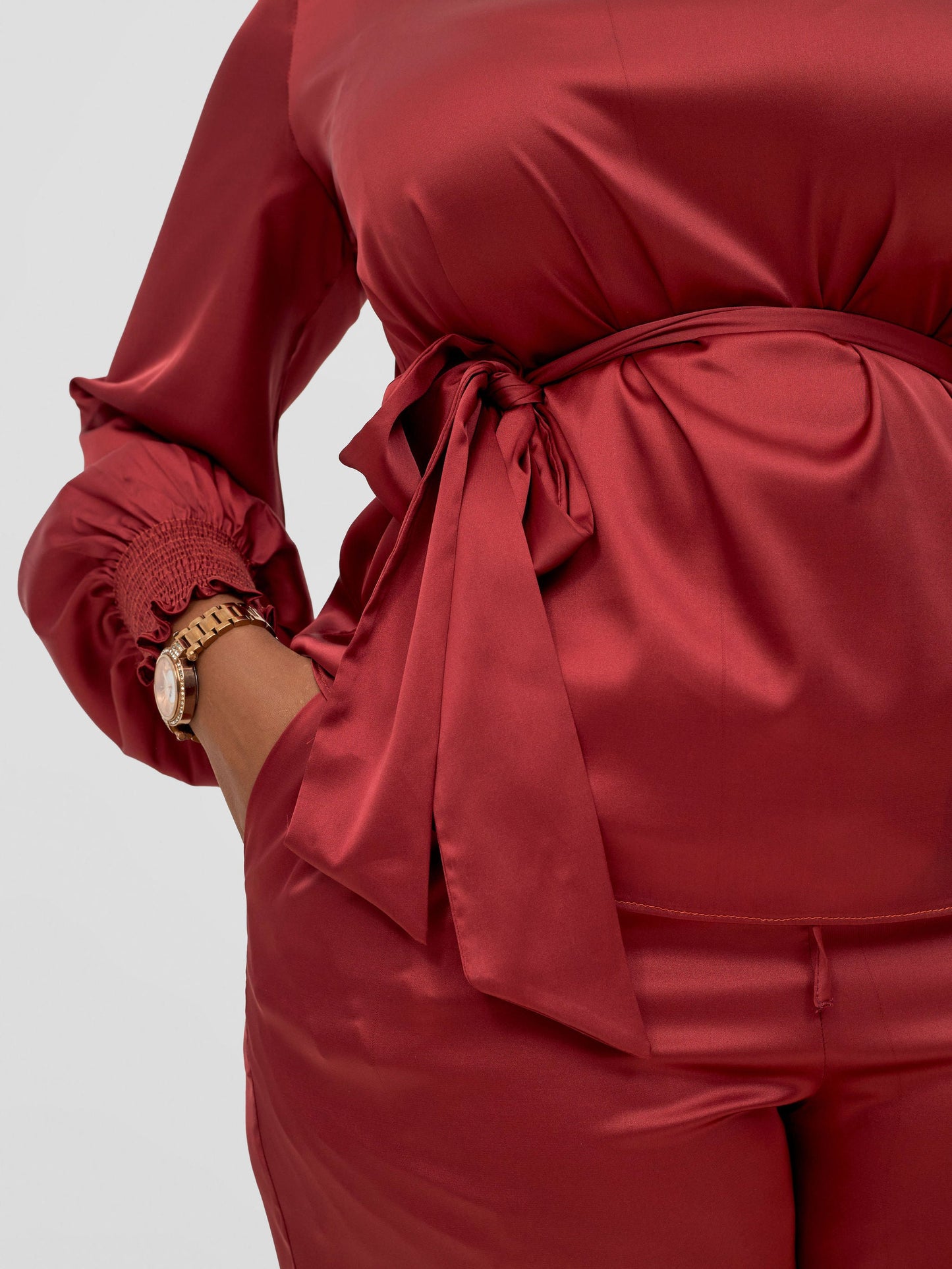 Vivo Ayah Shirred Cuff Loose Top - Dark Red