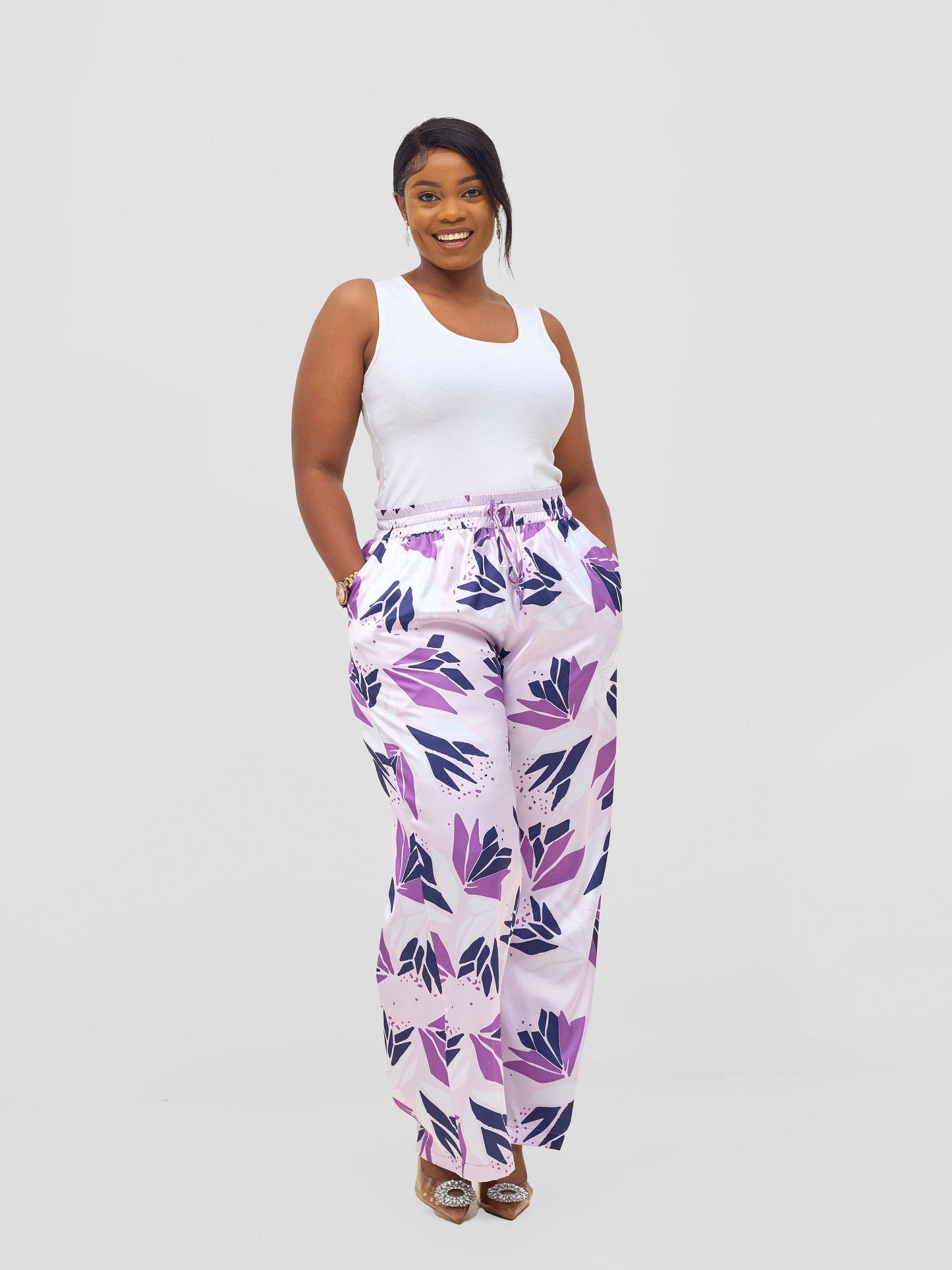 Vivo Ayah Satin Pants - Lilac / Navy Tullu Print
