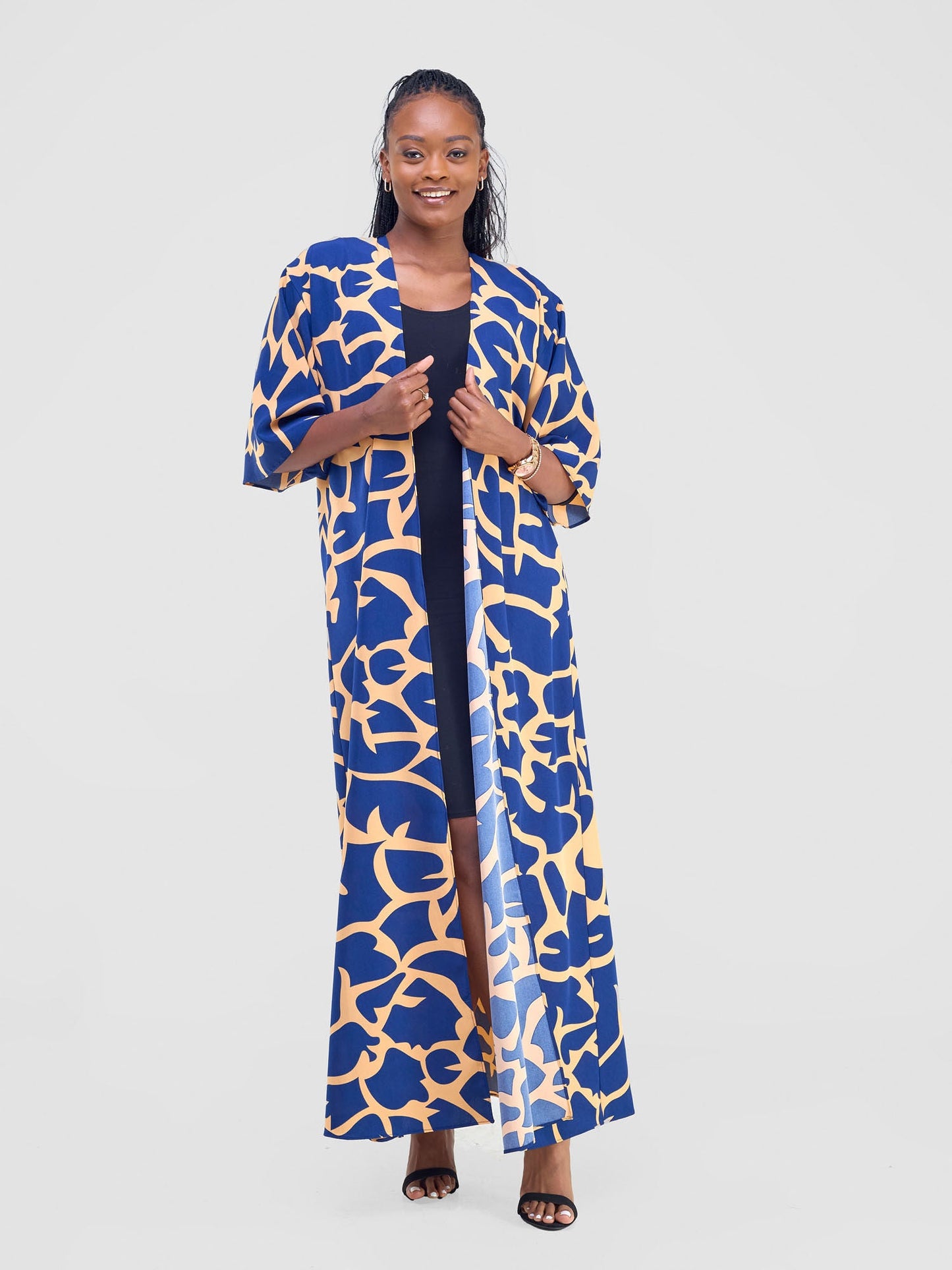 Vivo Alek 3/4 Sleeve A-Line Kimono - Navy / Orange Liwa Print