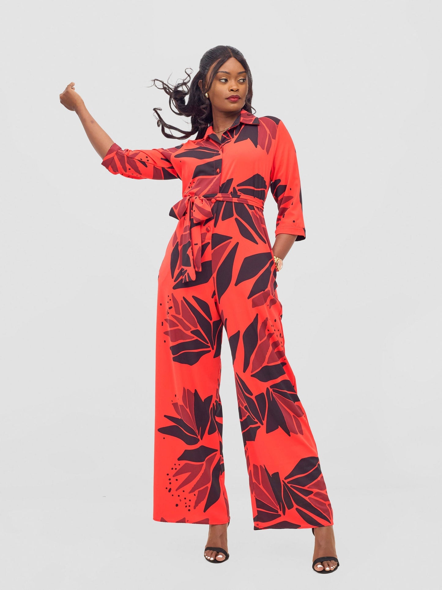 Vivo Ayah 3/4 Sleeve Jumpsuit - Orange / Grey Tullu Print