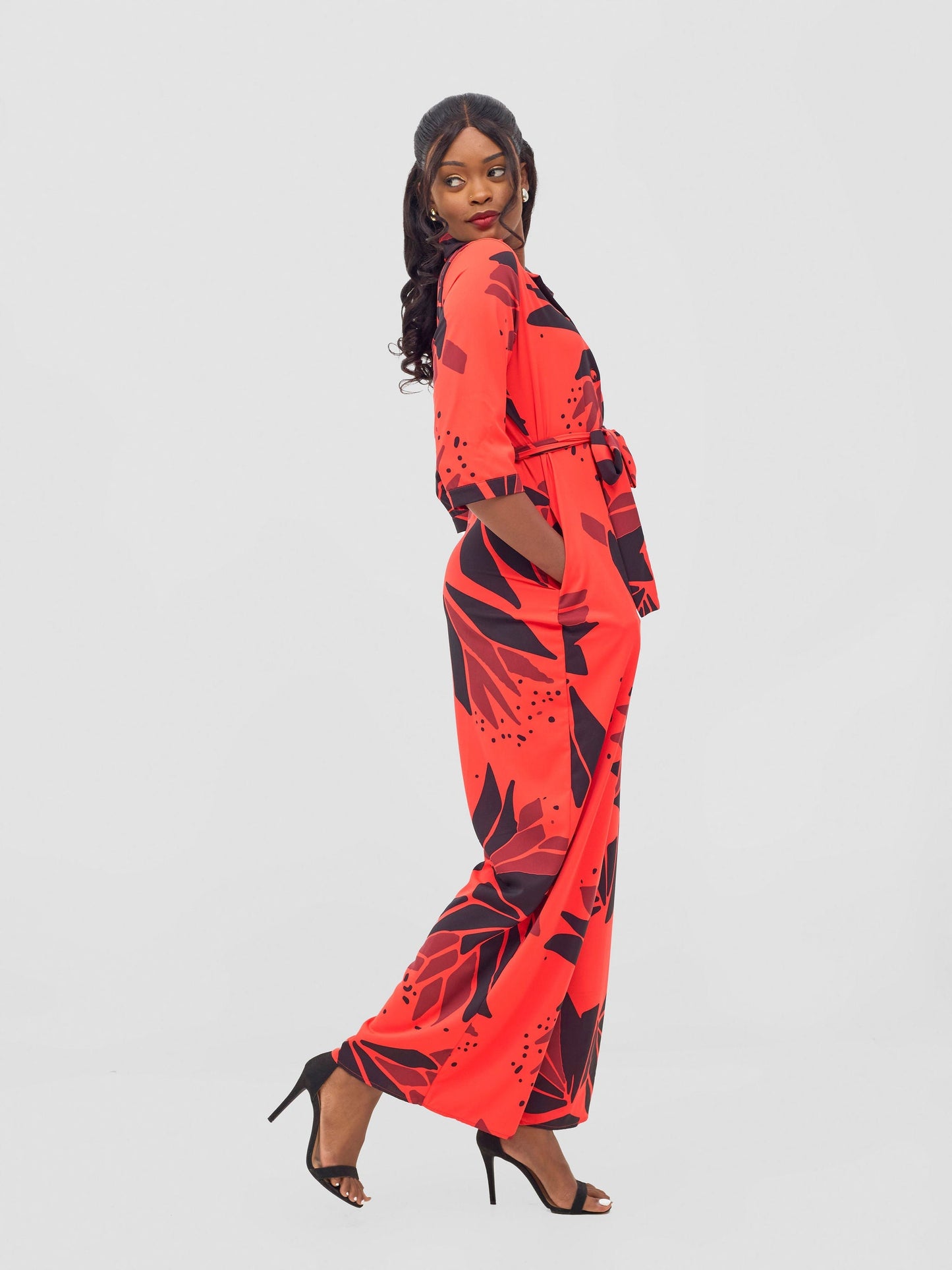 Vivo Ayah 3/4 Sleeve Jumpsuit - Orange / Grey Tullu Print
