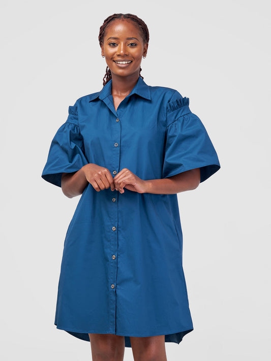 Safari Mali Gathered Flounce Sleeve Shirt Dress - Deep Teal