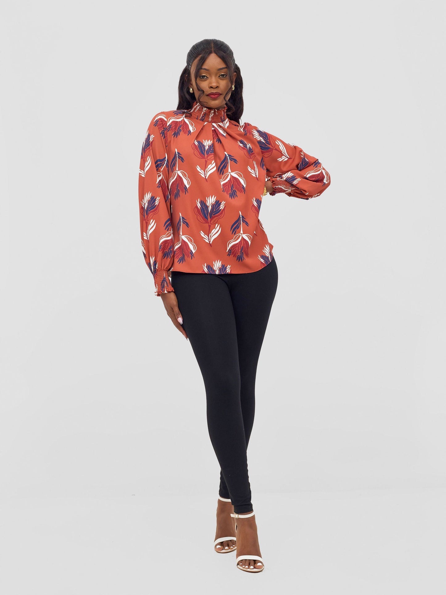 Vivo Ayah Bishop Sleeve Mock Neck Top - Rust / Navy Yana Print