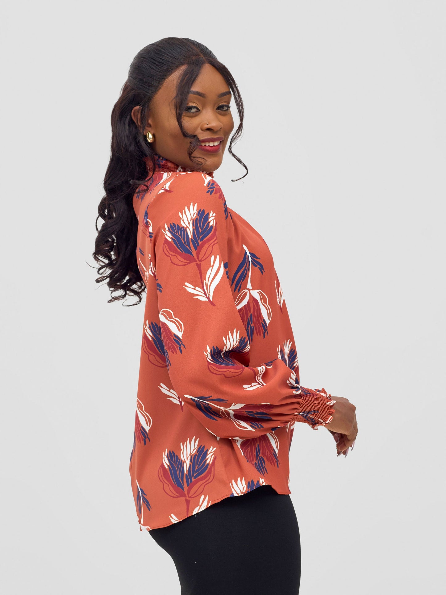 Vivo Ayah Bishop Sleeve Mock Neck Top - Rust / Navy Yana Print