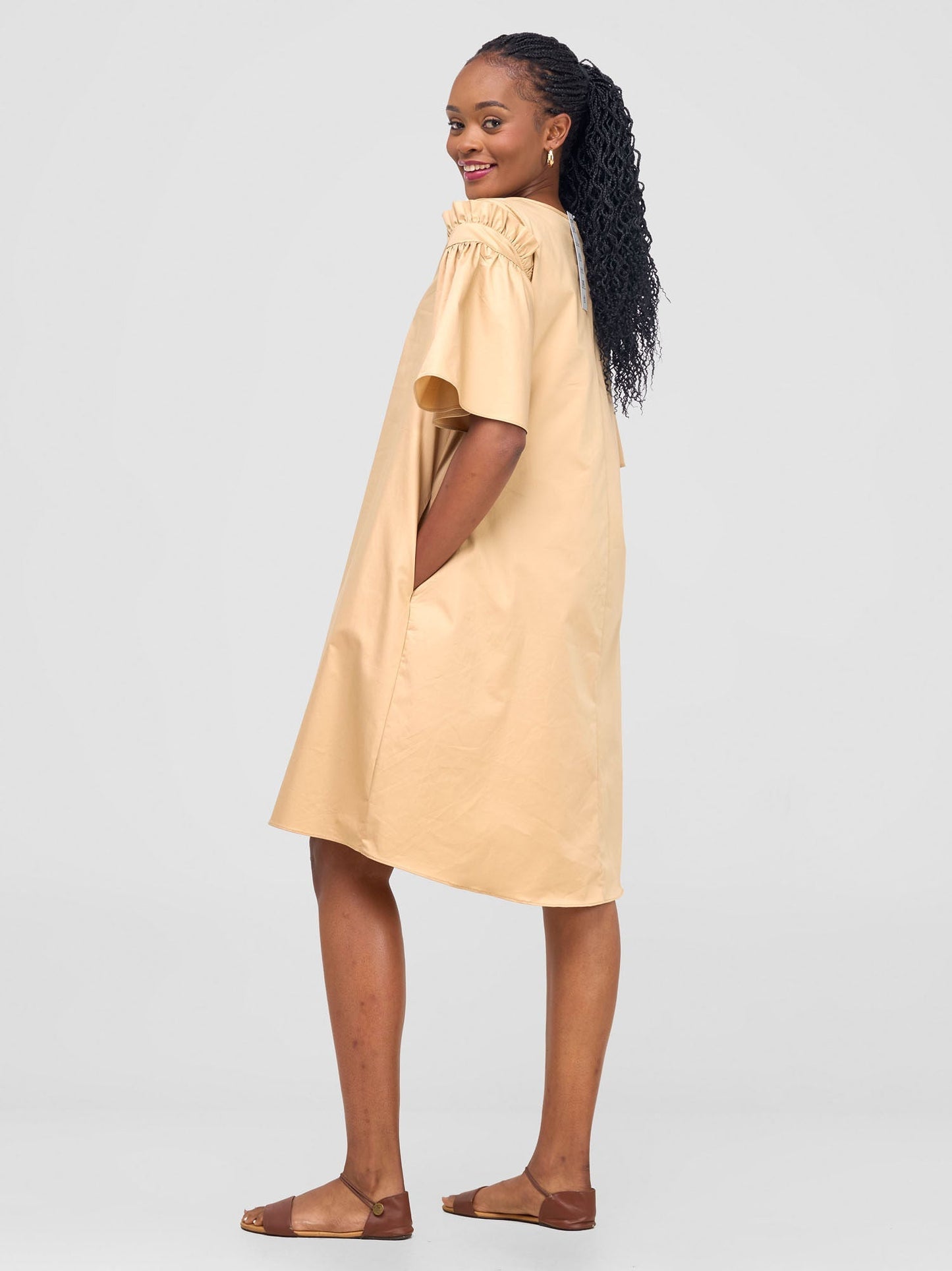 Safari Mali Gathered Flounce Sleeve Tent Dress - Khaki
