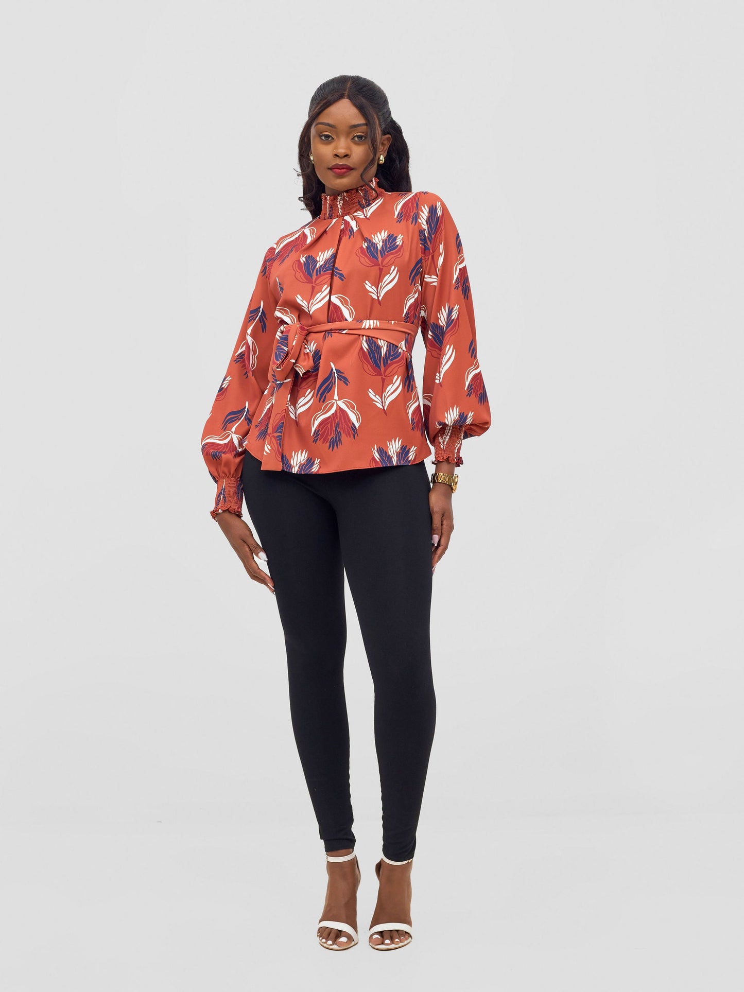 Vivo Ayah Bishop Sleeve Mock Neck Top - Rust / Navy Yana Print