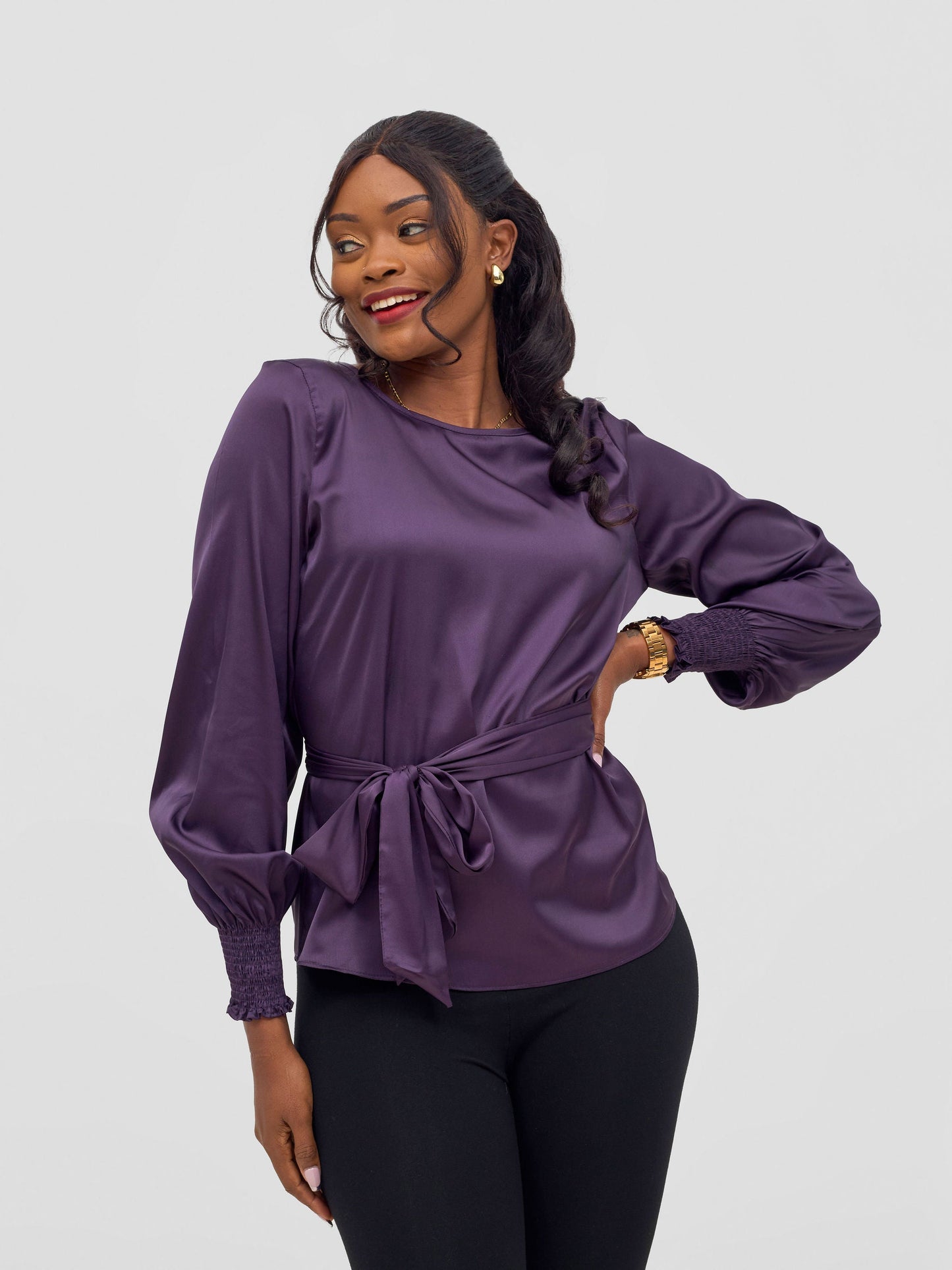 Vivo Ayah Shirred Cuff Loose Top - Dark Purple