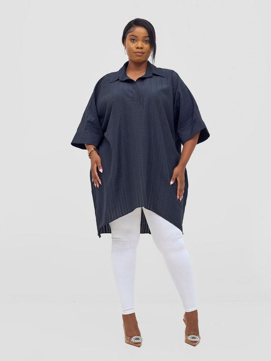 Vivo Mistari 3/4 Sleeve  V - Neck Collared Tunic Top - Black stripes
