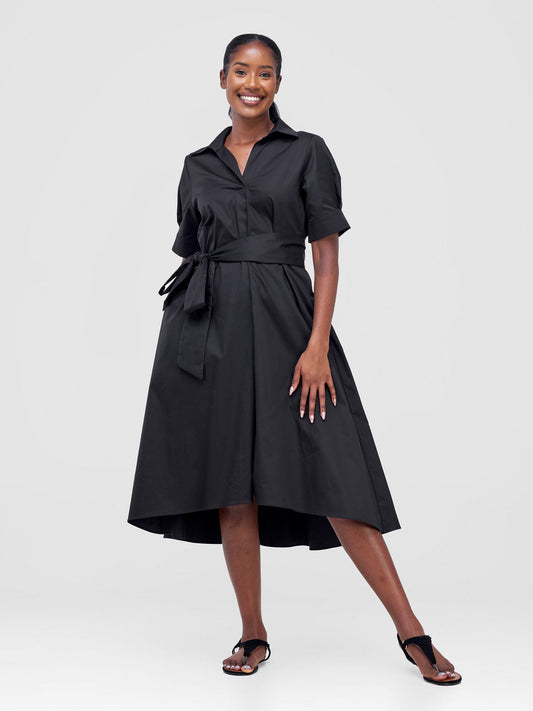 Safari Huru Short Sleeved Midi A-Line Dress - Black