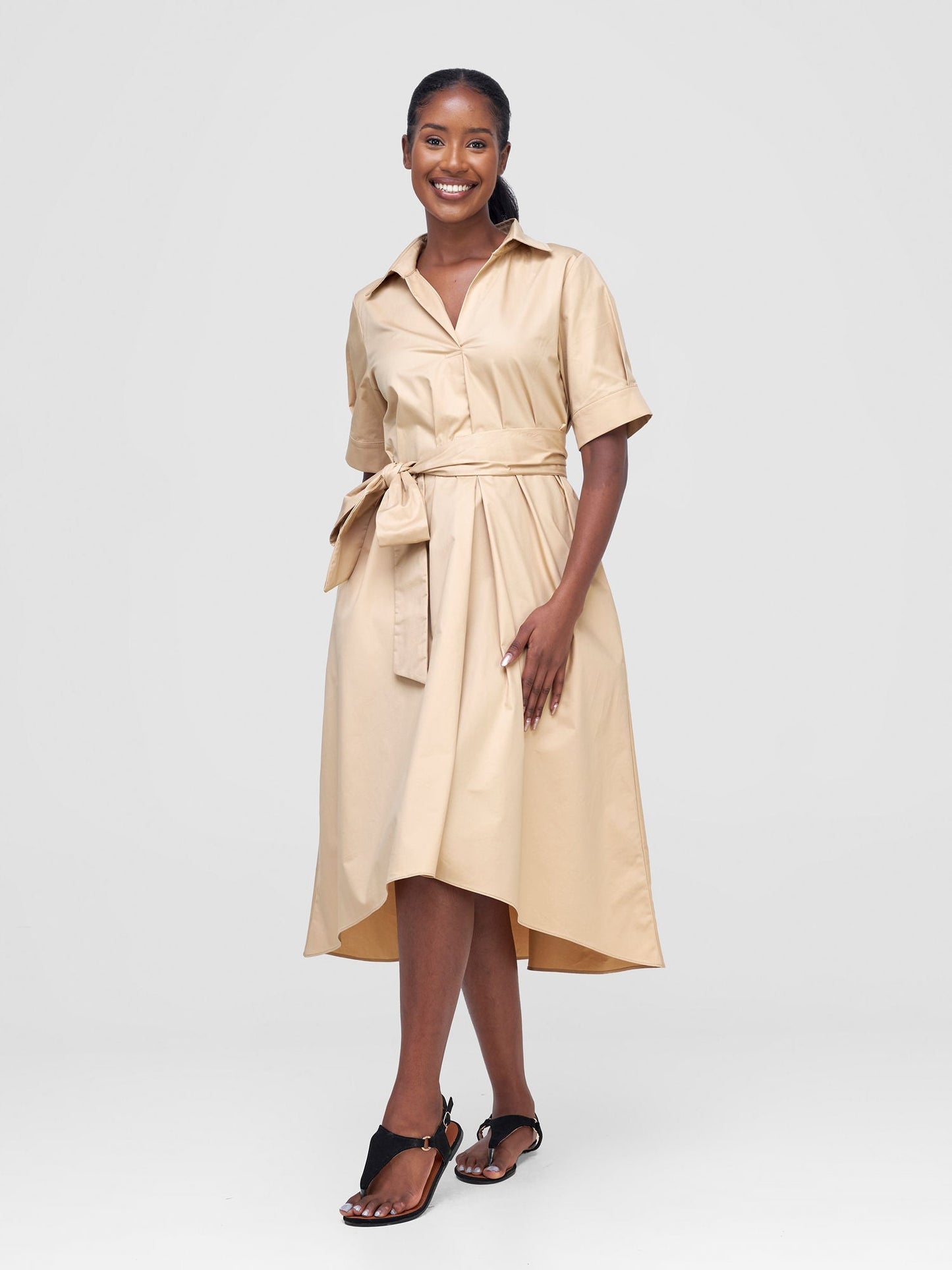 Safari Huru Short Sleeved Midi A-Line Dress - Khaki