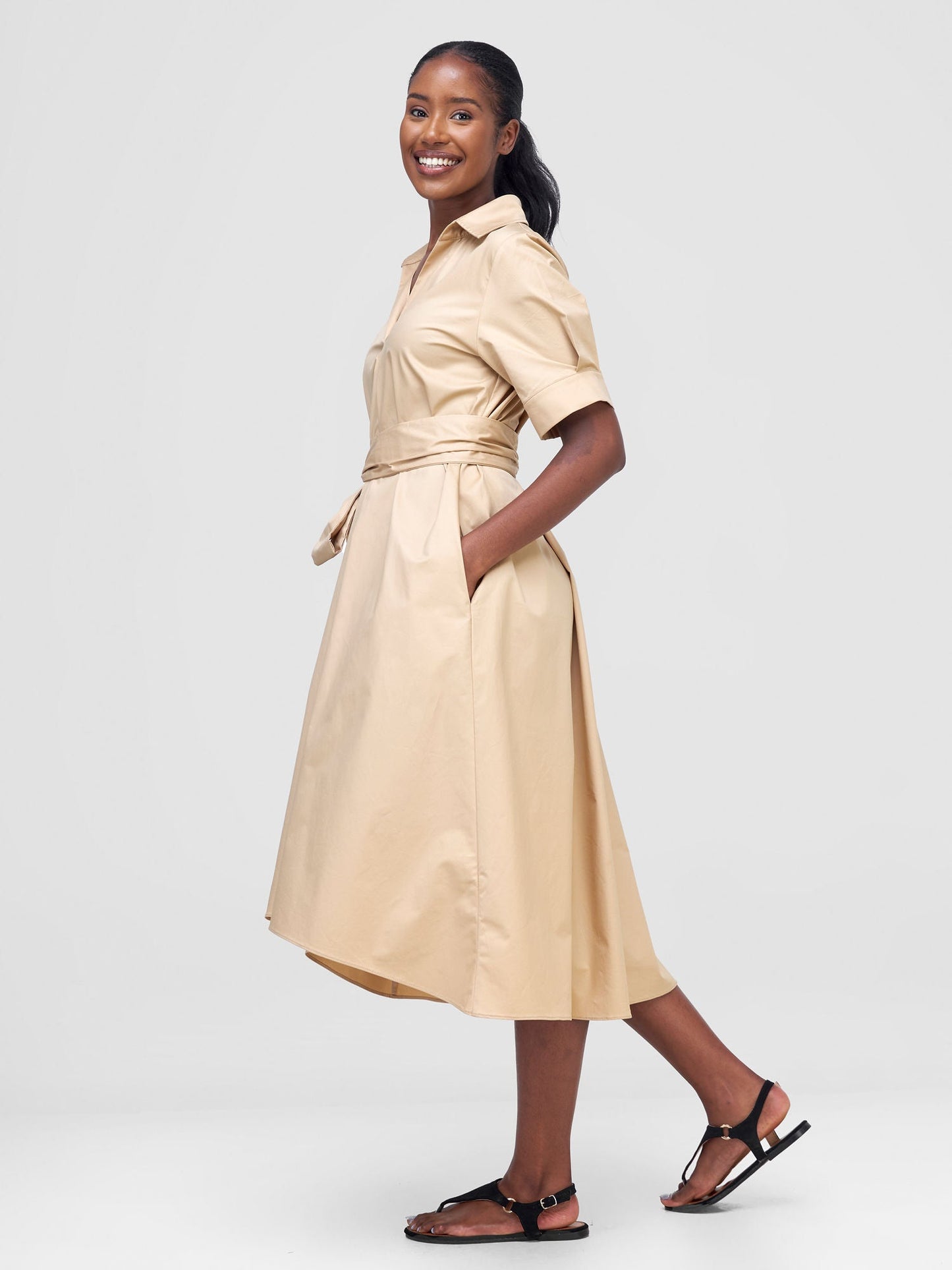 Safari Huru Short Sleeved Midi A-Line Dress - Khaki