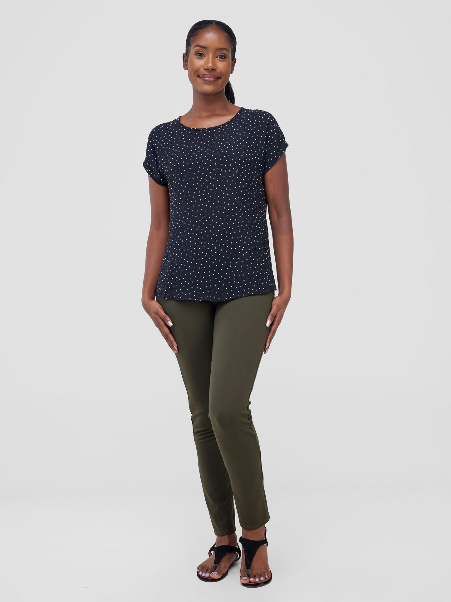 Vivo Basic Chiffon Dropped Shoulder Top - Black / White Polka Dot Print