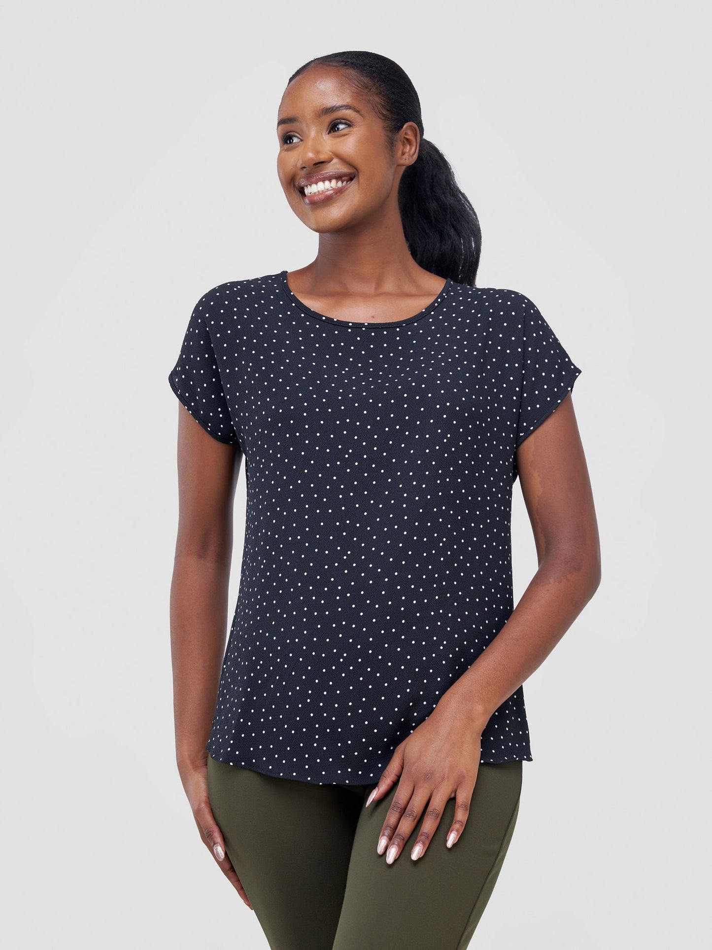 Vivo Basic Chiffon Dropped Shoulder Top - Black / White Polka Dot Print
