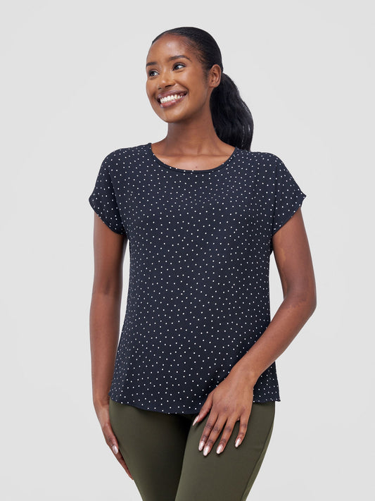 Vivo Basic Chiffon Dropped Shoulder Top - Black / White Polka Dot Print