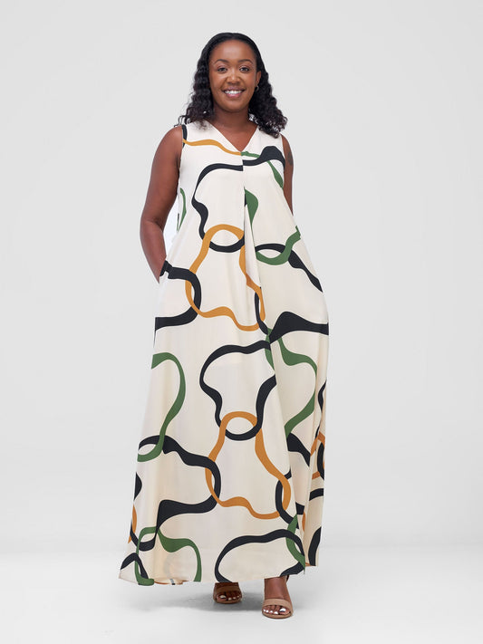 Vivo Ava Front Pleat Maxi Dress - Cream / Hunters Milo Print