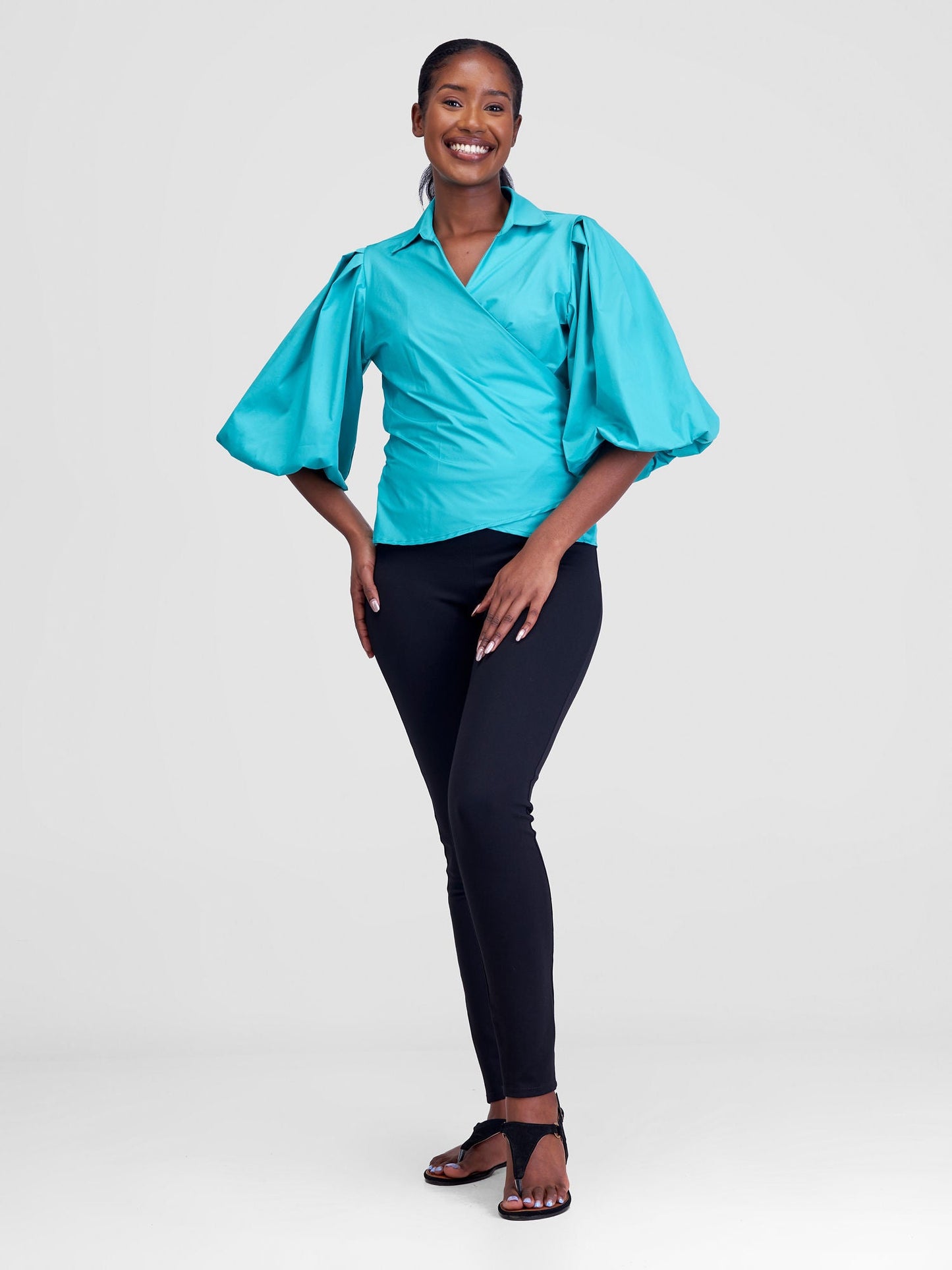 Safari Mali 3/4 Bishop Sleeve  Tie Top - Sea Green